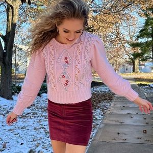 LoveShackFancy Pink Sweater with Embroidered Details